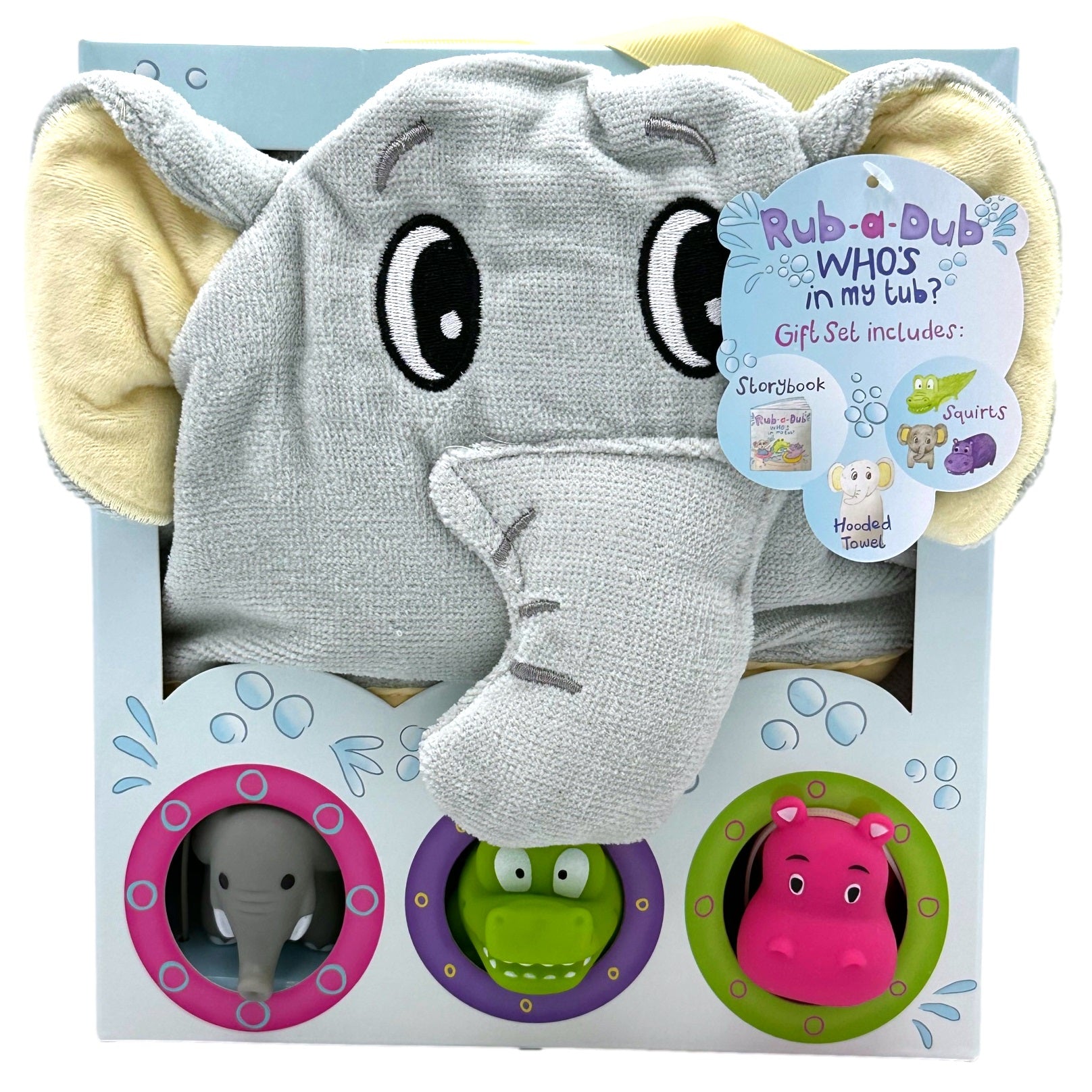 Product gift set featuring a hooded elephant towel, squirt toys (elephant, hippo, crocodile), and a storybook, packaged in a box with porthole windows displaying the toys.